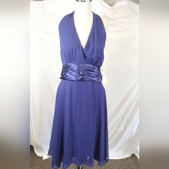 dressbarn Dresses & Skirts - Dressbarn TAG Halter Dress, midi, Blue Satin Waist with Tie, Lined, V-Neck, 12